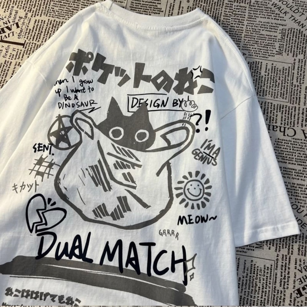 Short Sleeve Cat & Lettering Print Loose-Fit T-Shirt